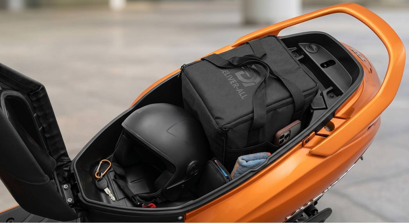 Scooter underseat storage holding delivery bag and helmet