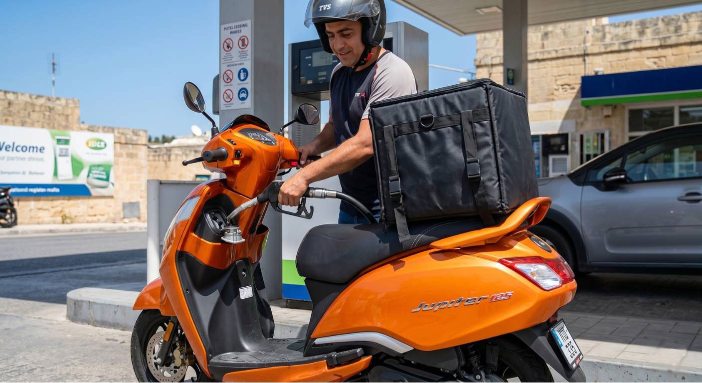 Delivery rider refuelling scooter from front fuel filler without removing delivery bag
