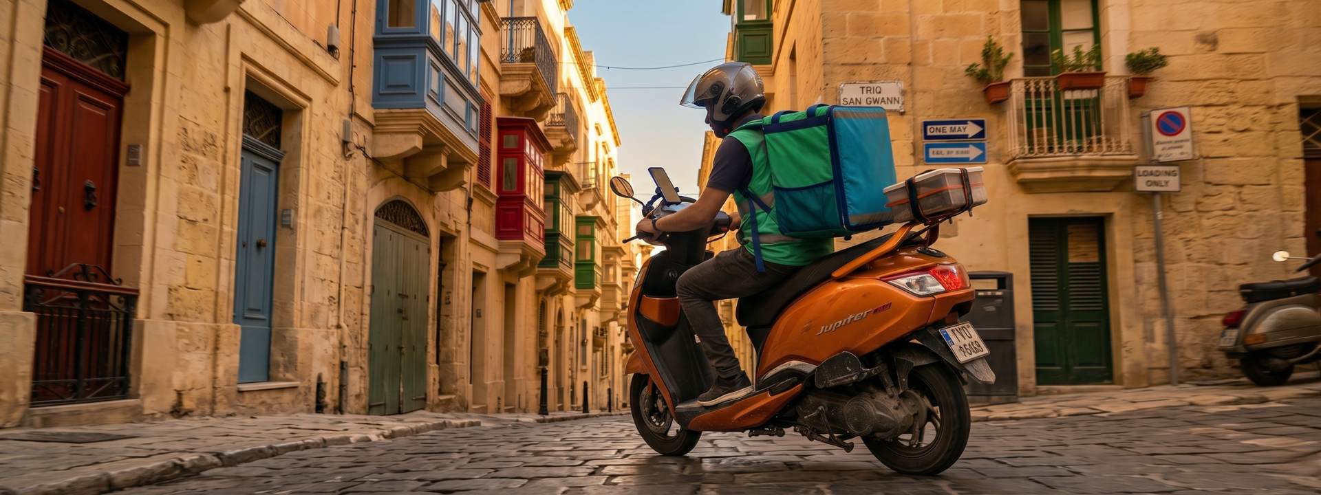 Food delivery rider on scooter in Valletta Malta navigating narrow streets