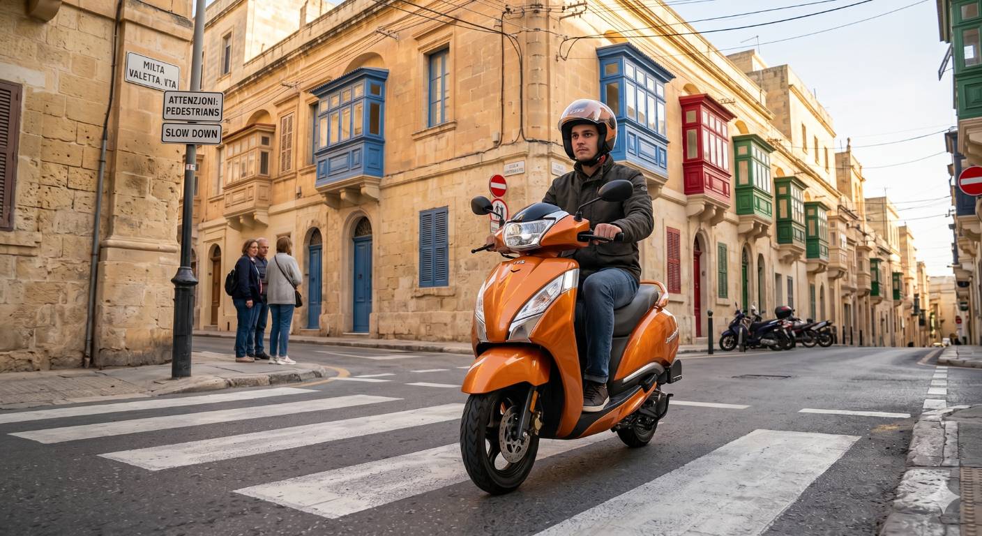Delivery scooter braking safely in urban traffic conditions