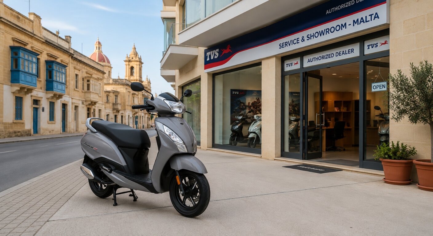 TVS scooter outside local Malta showroom with service and parts support
