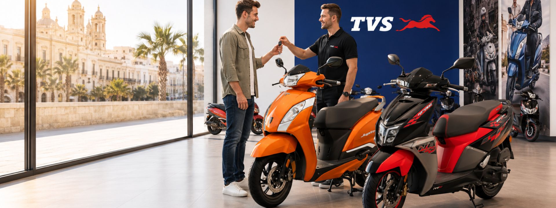 Modern TVS scooter showroom with Jupiter 125 and Ntorq 125 display